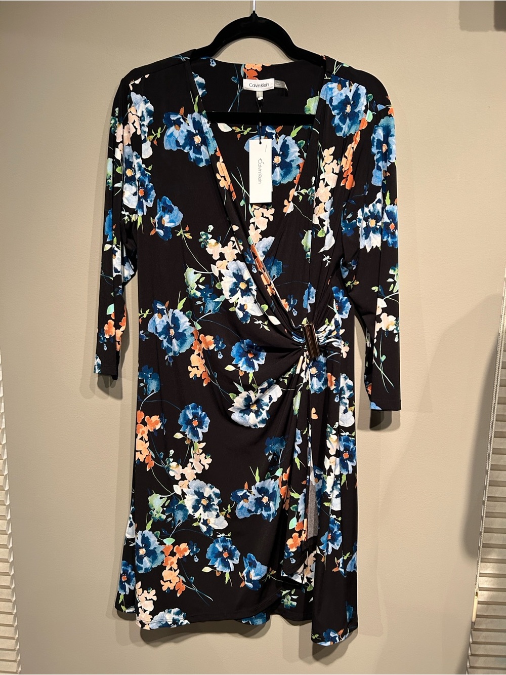 Calvin Klein Black Wrap Dress with Blue & Coral Floral Print